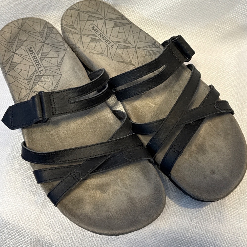 Merrell Terran 3 Cush Slide Black Leather Sandals Womens 9 J002694 - Picture 2 of 5